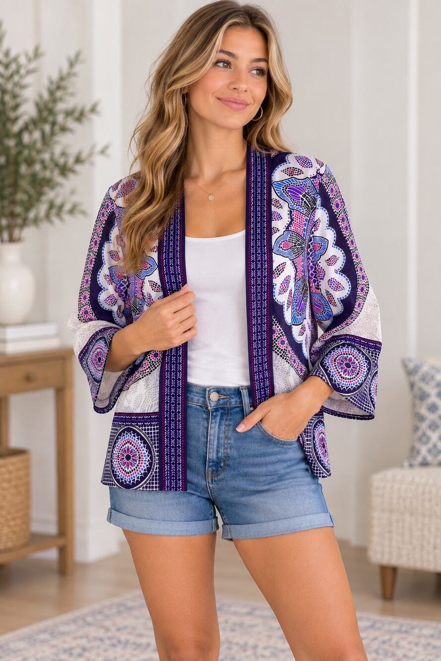 Chico's Travelers Cardigan Size 0 Purple Medallion Print Open Front Topper